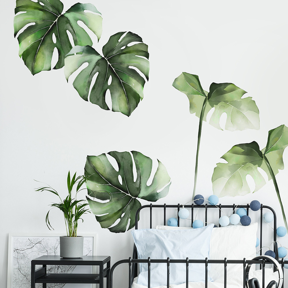 Monstera Thai Constellation - สีน้ํา Monstera Tropical Jungle Leaves สติ๊กเกอร์ติดผนังป่าสีเขียวปาล์มต้นไม้สติ๊กเกอร์ติดผนังห้องนอนห้องครัวตกแต่งบ้าน