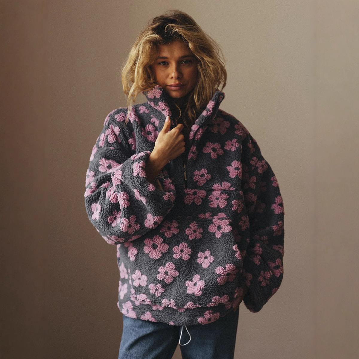Plant Parent Hoodie - เสื้อสเวตเตอร์ผู้หญิงรุ่นใหม่ปี 2027 ผ้าฟลีซลายดอกไม้ เสื้อผ้าฝ้ายทรงหลวม ให้ความอบอุ่น คอขนสัตว์ตั้งได้