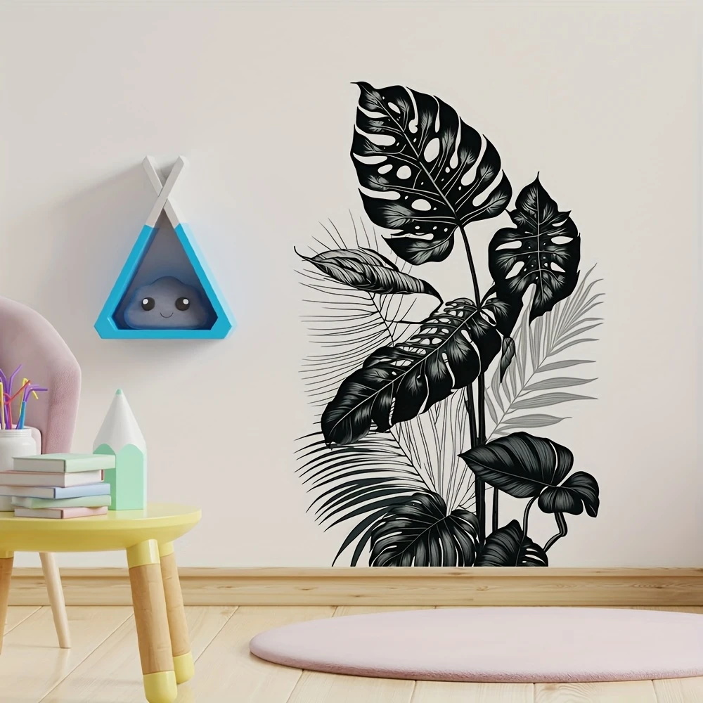 Monstera Thai Constellation - MT1184 # สติ๊กเกอร์ติดผนังใบเขตร้อนสีดําและสีขาว PVC มีกาวในตัว การออกแบบ